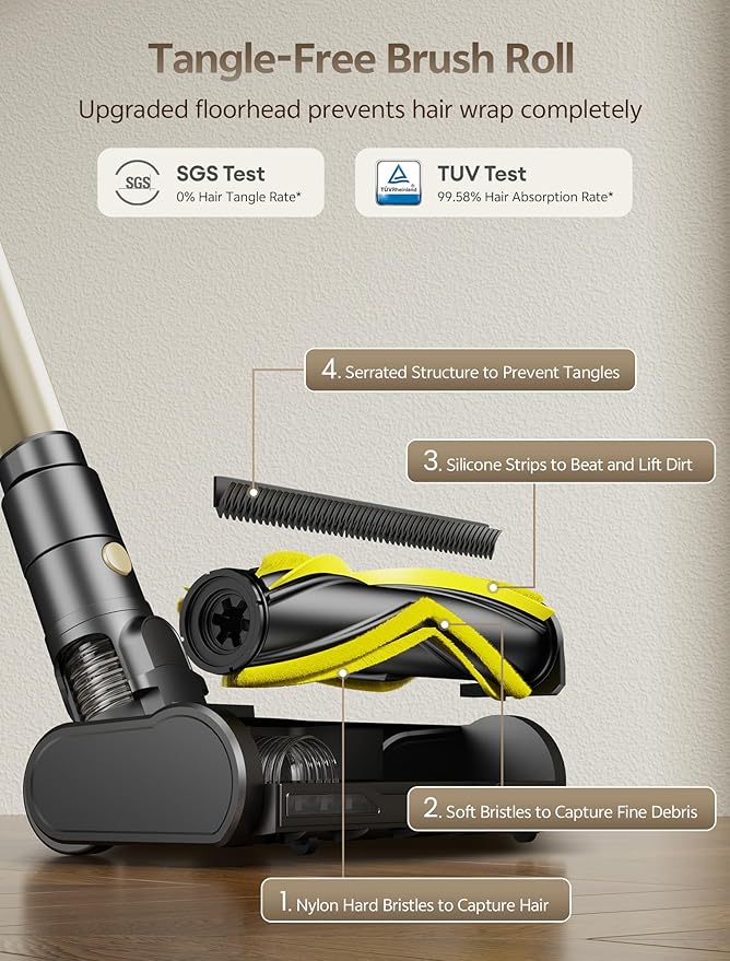 Ultenic Cordless Vacuum Cleaner, 600W 60KPA 65min Runtime, Stick Vacuum with Green Light, Self-Standing & 180° Lay-Flat, Anti-Tangled Brush, Vacuum Cleaners for Home/Hard Floor/Carpet/Pet Hair, U15
