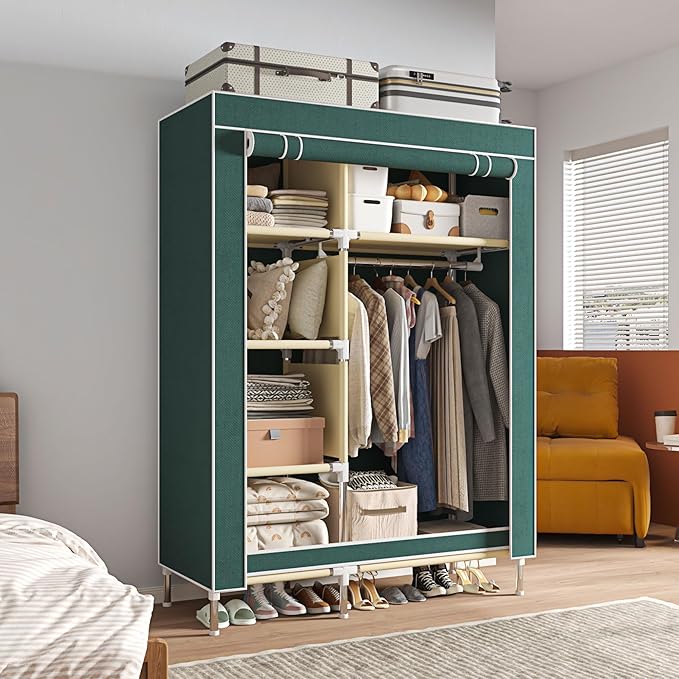 Portable Wardrobe, Simple Wardrobe, with 5 Shelves, Hanging Rod and Non-Woven Fabric Cover, Suitable for Small Spaces.(Green, 41.3 in)