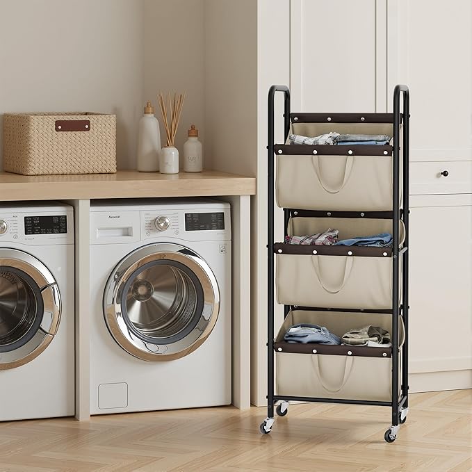 GRANNY SAYS 3 Tier Laundry Sorter, Laundry Basket with Wheels, Laundry Room Organization and Storage, 3 Section Rolling Laundry Cart for Dorm, Bathroom, Bedroom, Closet, Light Khaki
