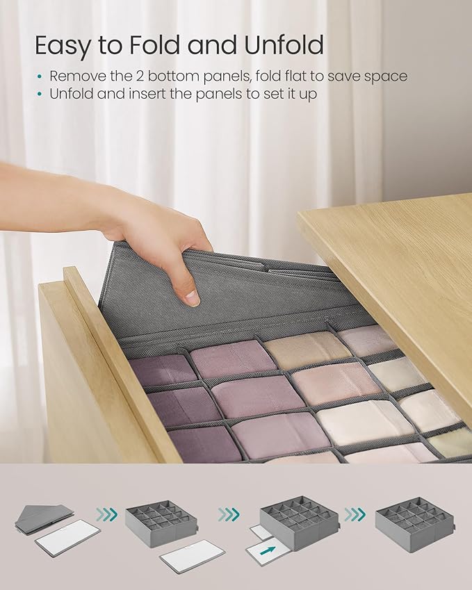 SONGMICS Set of 4 Drawer Organizers, Closet Organizers for Underwear, 80 Cells, Foldable Sock Holders, 11.8 x 11.8 x 3.9 Inches, for Storing Socks, Ties, Belts, Dove Gray URUS011G01