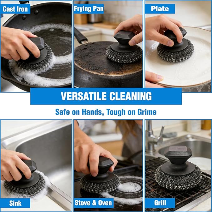 5-Pack Steel Wool Scrubber, Stainless Steel Scrubber Wire Sponge Pads with Handle, Pan Cleaning Scrubber for Scouring Stubborn Messes from Cast Iron, Frying Pan, Oven, Grill, Heavy Duty Pot Scrub
