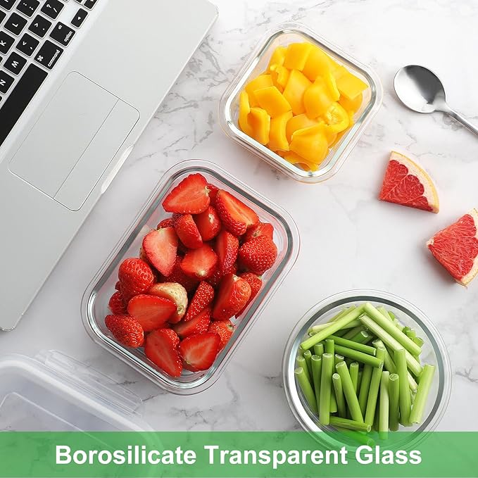HOMBERKING Glass Food Storage Containers with Lids, [18 Piece] Meal Prep Containers, Airtight Lunch Bento Boxes (9 lids & 9 Containers) - White