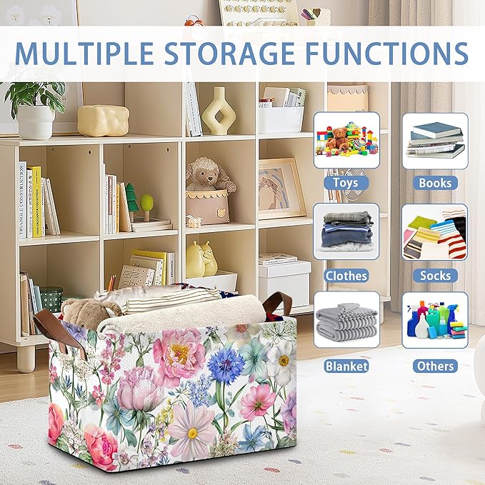Pink Blue Flowers Storage Baskets,Floral Foldable Organizer Bin with Handles for Home Living Room Bedroom Closet Box 17x11.5x10Inch