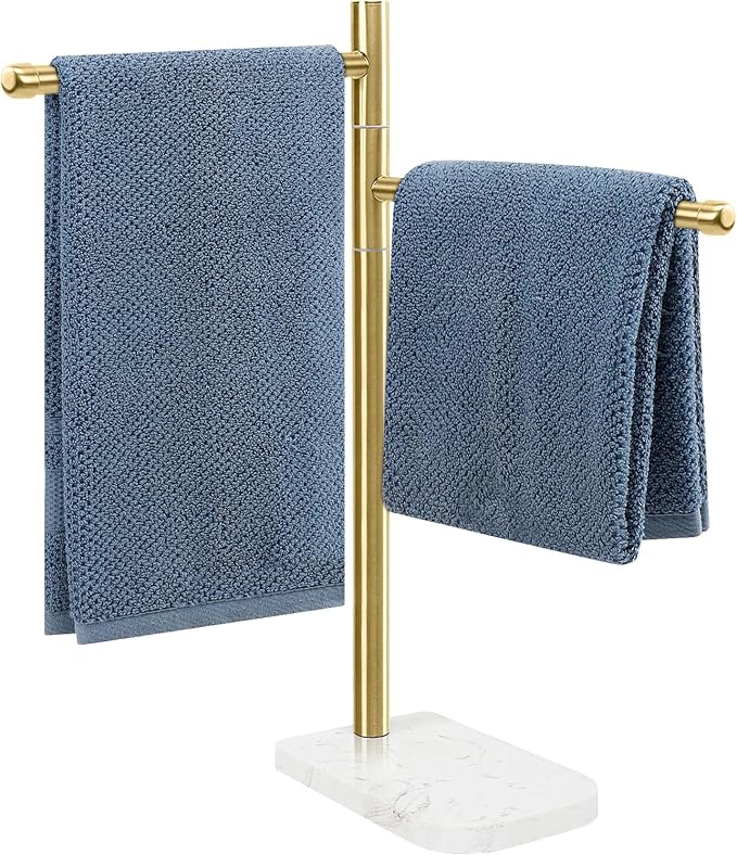 Hand Towel Holder, F-Shape Hand Towel Stand with Marble Base, Stainless Steel Swivel Hand Towel Rack Bar Standing for Bathroom Kitchen Countertop, 2 Arms (Gold)