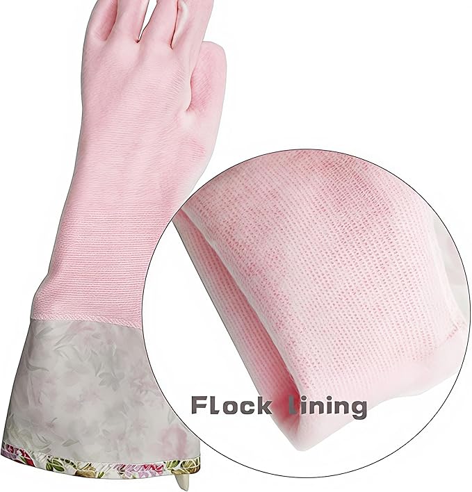 KINGFINGER Rubber Latex-Free Dishwashing Gloves for Household Cleaning, Waterproof, 2-Pair Large with Long Cuff & Flock Lining