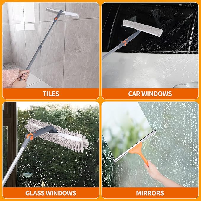 Squeegee Window Cleaner Set 2-in-1 Multi-Surface Cleaning Tool with Extendable Pole, Detachable Microfiber Cloths Bendable Head for Indoor & Outdoor Glass for Car Indoor Outdoor High Windows