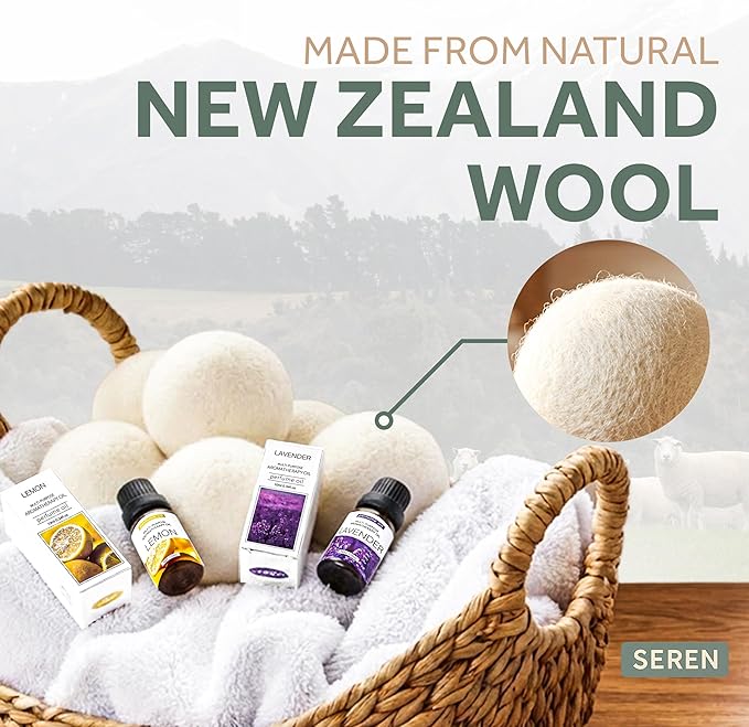 SEREN Wool Dryer Balls 6 Pack XL with Lavender Lemon Essential Oils - Organic New Zealand Wool, Natural Fabric Softener Alternative Reduces Static Wrinkles, Chemical-Free Reusable Eco-Friendly