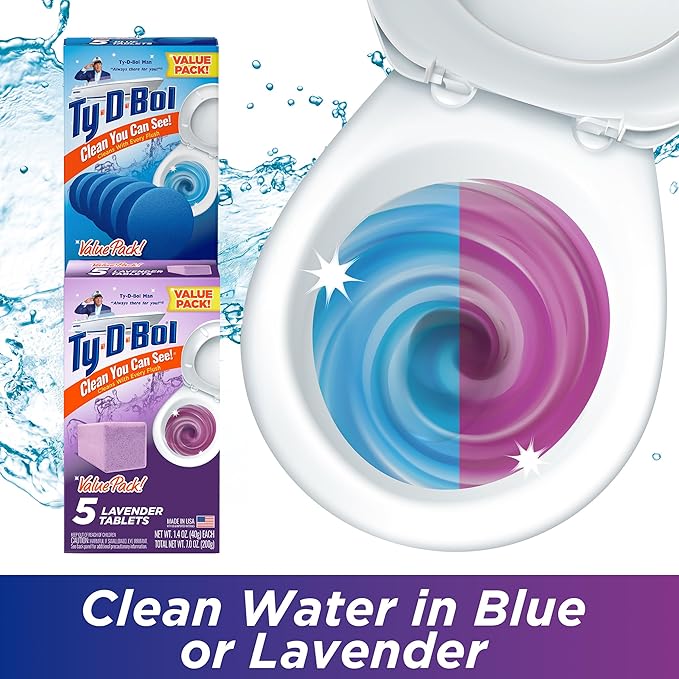 Ty-D-Bol Bleach-Free Toilet Bowl Cleaner Tablets Variety Pack - (10 Pack) 1.4 oz - 5 Lavender and 5 Blue Tablets - Fights Hard Water Stains, Mineral Buildup & Limescale - Bathroom Cleaning Supplies