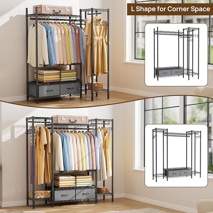 Golpart Coat Rack Clothes Wardrobe：Closet Organizer and Storage Clothing Garment Rack with Shelves Heavy Duty for Hanging Clothes Portable Adjustable Black 15.8" DX56.8 WX76.5 H