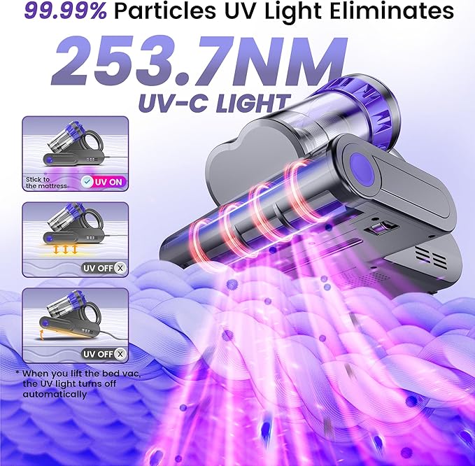 Mattress Vacuum Cleaner, Handheld Bed Vacuum Cleaner with 16Kpa Suction, 253.7nm UV-C Light, 149℉ Hot Air, Double-Cup Handheld Vacuums for Bed, Sofa, Couch, Crib (Corded, 550W)
