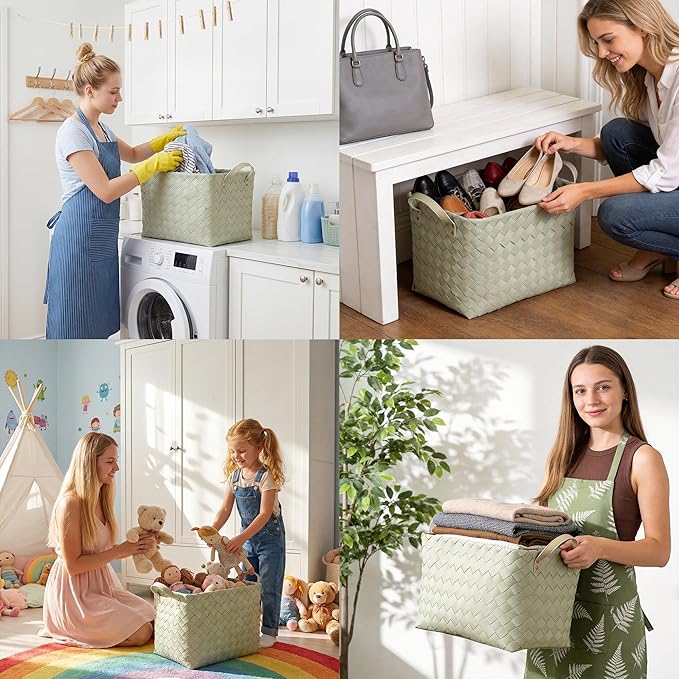 BROWNLILY Handwoven Clothes Basket Laundry Hampers Large Wicker Storage Baskets for Shelves Blankets Closet Storage Bins Car Bedroom Bathroom Organizers and Storage Bath (Pack of 4, Green)