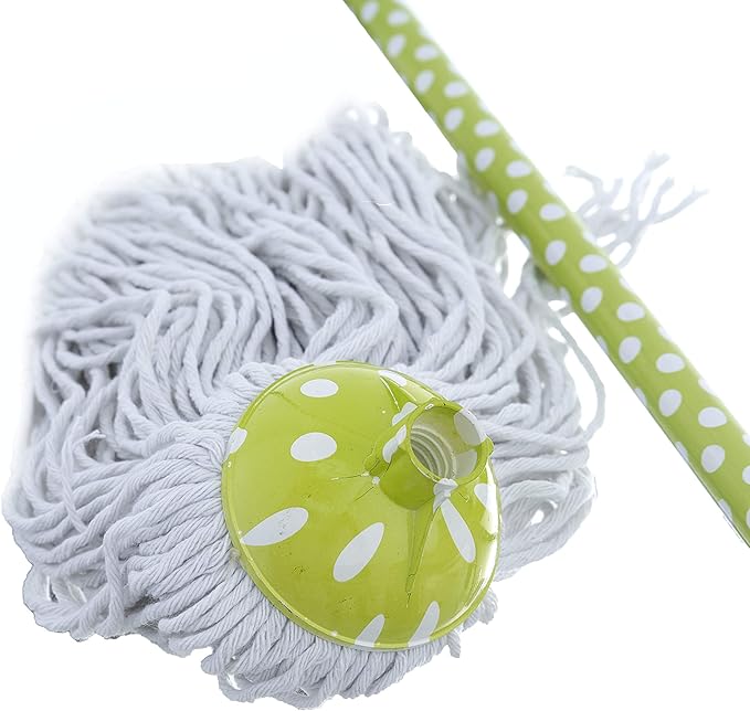 Superio Cotton Mop and Broom Set, Light Green Polka Dot Print Design, Superior Cleaning Tools Broom and String Mop.