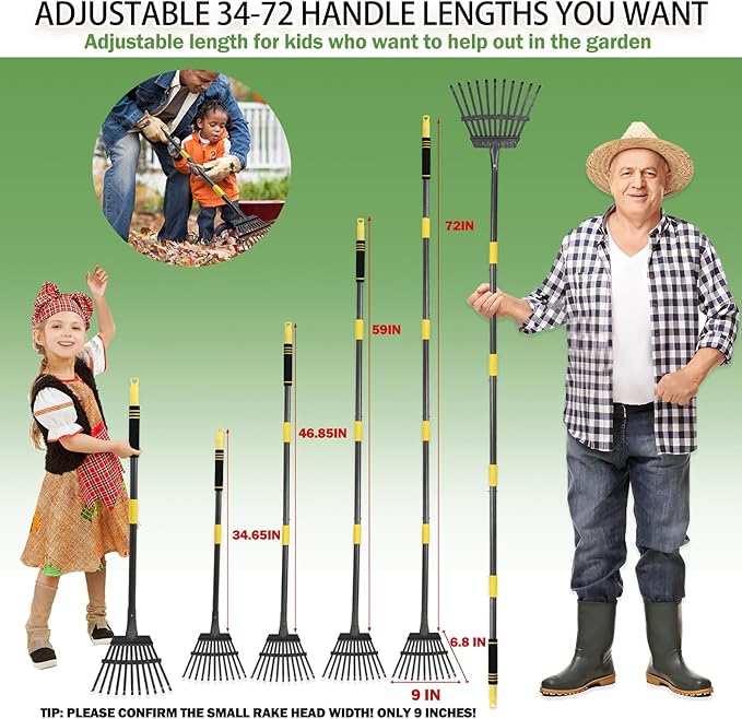 Garden Leaf Rakes, 6FT Rakes for Lawns Heavy Duty 11 Metal Tines 9 inch Wide, Adjustable Long Steel Handle, Small Shrub Rake, Gathering Leaves (Black)