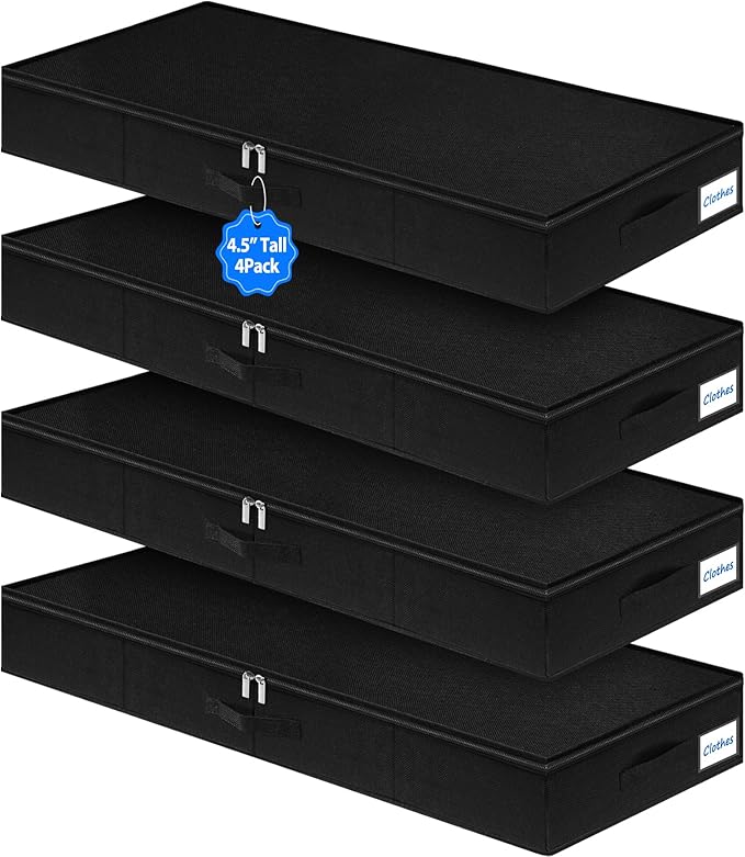4.5-Inch Tall Under Bed Storage Containers, Low Profile Underbed Zipper Storage Bin, Shallow Under Bed Storage with Sturdy Side & Bottom Support, Linen Storage with Lid for Sofa and Dorm, 4 Pcs, Black