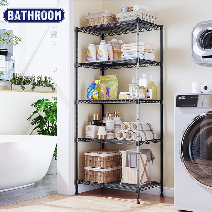 Romorgniz Storage Shelves Adjustable Metal Shelving Unit 5 Tier Wire Shelving,1010LBS Pantry Shelves Sturdy Steel Wire Shelf for Laundry Bathroom Kitchen Pantry, 13.6" D x 21.5" W x 59.4" H, 2PCS