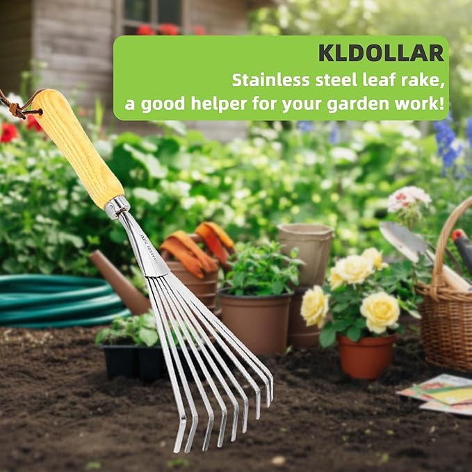 Hand Rakes, Garden Stainless Steel Hand Rake Soil Tiller with Ergonomic Handle, Small Leaf Rakes Great for Gardening, Garden Sweep Yard Flower Beds Tool