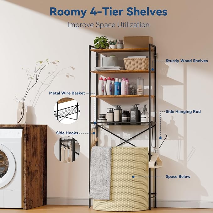 Laundry Room Storage Shelf & Organizer, 4 Tier Over Metal Washer and Dryer Shelves, Washing Machine Shelf, Adjustable Height & Feet, Bathroom Space Saver Shelf, 23.8”W x 9.9”D x 68.1”H, Black
