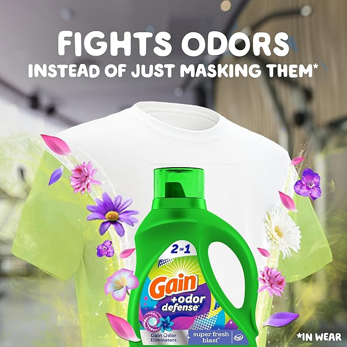 Gain Odor Defense Liquid Laundry Detergent, Super Fresh Blast Scent, 88 fl oz, 61 loads, 2 in 1, Laundry Detergent Liquid Soap, HE compatible