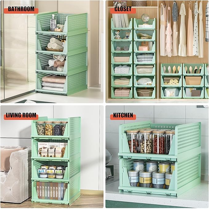 Stackable Plastic Storage Drawers for Closet Organizers and Storage, Open Storage Bins Closet Shelf Clothes Organizer for Closet Wardrobe (5, Green)