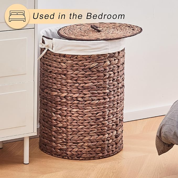 Round Water Hyacinth Laundry Hamper with Lid Handwoven Wicker Basket with Handles for Dirty Clothes, Storage, and Organization Ideal for Bedroom, Bathroom, and Laundry Room, No Assembly Required, 2Pcs