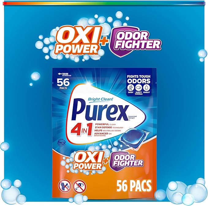 Purex Advanced Oxi with Odor Fighter Laundry Detergent Pacs, Oxi Power, 56 count, Pre Measured Pacs