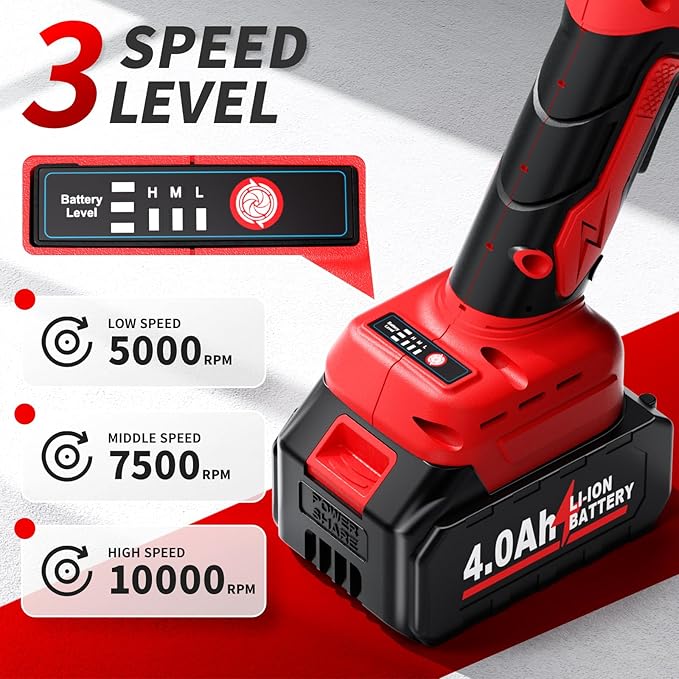 Cordless Angle Grinder 4-1/2 inch, 3-Speed Adjustable, 10000 RPM Electric Angle Grinder Portable with 2*4.0Ah Batteries & 3 Wheels, Battery Powered Grinder Tool Kit for Wood/Metal/PVC Cutting