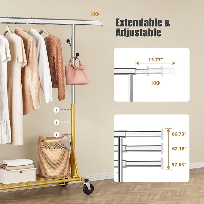 Gewudraw Rolling Clothes Rack Load 530lbs,Heavy Duty Garment Rack With Sturdy Wheel And Shelves, Adjustable Portable Hanging Rack For Clothes, Gold