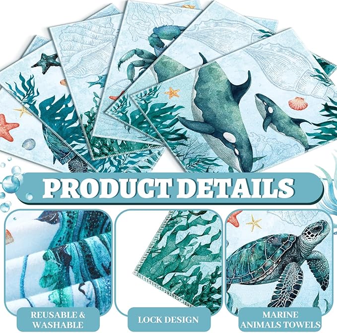 36 Pack Sea Animals Reusable Cleaning Cloths Washable Cotton Kitchen Towels for Home (Blue)
