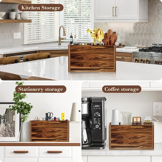 Yirilan Wooden Kitchen Utensil Holder for Counter, Acacia Wood Utensil Holder for Storage Cooking and Silverware with 4 Compartment, Rustic Wooden Organizer Container