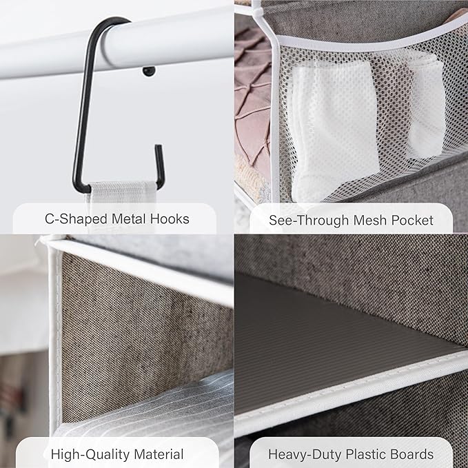 StorageWorks 5-Shelf Hanging Shelves for Closet, Foldable Hanging Closet Organizers with 2 Side Pockets, Portable Clothes Organizers for Bedroom, Wardrobe, 12 1⁄2" D x 15" W x 48" H, Gray