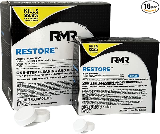 RMR Solutions RESTORE Disinfectant & Cleaner Concentrate, EPA Registered Mold Remover & Antibacterial Cleaning Solution for Kitchen, Bathroom, Floor, Home, Pet Areas, Counter, 3.34g, Makes 16 Quarts