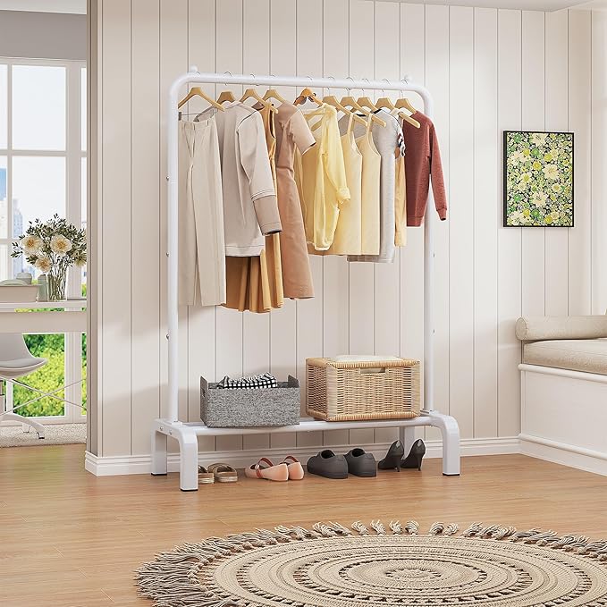 JIUYOTREE Standard Clothes Clothing Garment Rack with Storage Shelves Clothes Organizer for Hanging Clothes Coat Jacket Shirt Sweater Jeans White