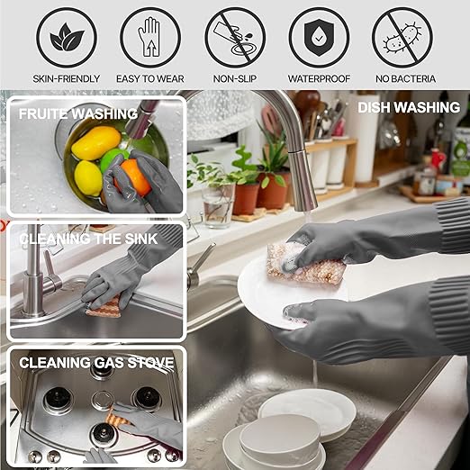 Mamison 2 Pairs Reusable Waterproof Household Dishwashing Cleaning Rubber Gloves, Non-Slip Kitchen Glove (Grey, Large (Pack of 3))