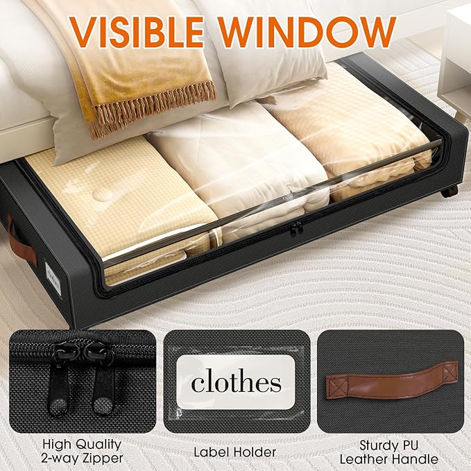 SpaceHacks Under Bed Storage with Wheels 2Pack Storage Containers with Clear Window&Label Under Bed Drawers Rolling Under Bed Storage for Clothes,Shoes, Blankets (30.71 x 16.93 x 6.69 in, Black)