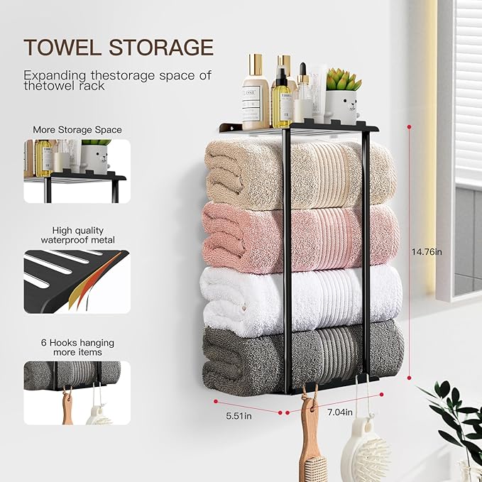 Towel Racks for Bathroom Towel Holder with Shelf & 6 Hooks Wall Mounted Towel Storage Rack for Rolled Towels Organizer, Sturdy Metal Towel Shelf, Black