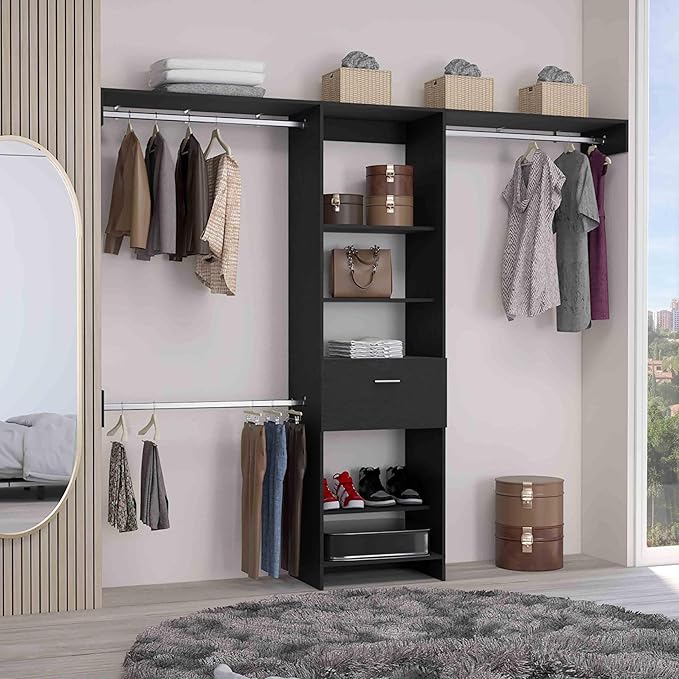 Black Storage Rack One Drawer Three Metal Rods Five Open Shelves for Home Organization