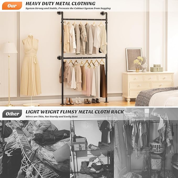 Aheaplus Industrial Pipe Clothing Rack, Reversible 3.5FT Clothes Rack for Hanging Clothes, Heavy Duty Garment Racks, Wall Mounted Closet Wardrobe Racks, Small Walk-in Closet System, Black
