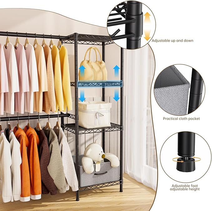Golpart Coat Rack Clothes Wardrobe：Closet Organizer and Storage Clothing Garment Rack with Shelves Heavy Duty for Hanging Clothes Portable Adjustable Black 15.8" Dx(70-88.5)" Wx76.5 H