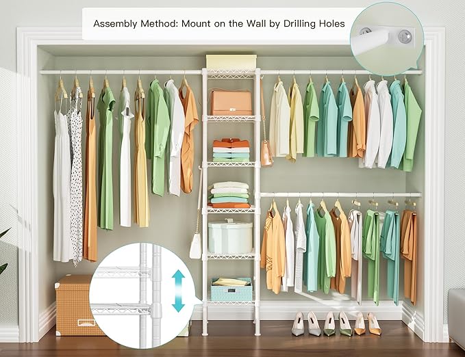 Ulif M1 Closet Storage Organizer System, 6 Tiers Heavy Duty Metal Garment Rack with 3 Expandable Hanger Rods, Wall Mounted Space Saver Suits from 5.4-8.7 ft. Width, 71.2”H x 14”D, 700LBS, White
