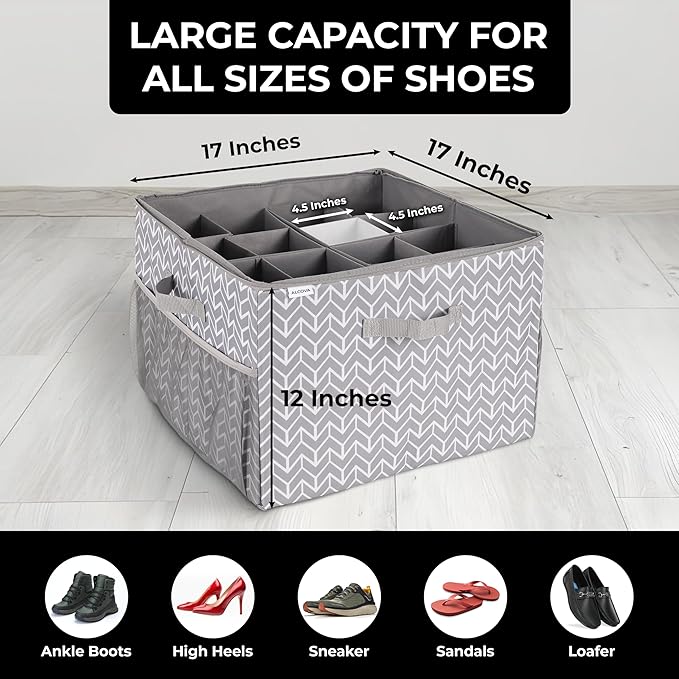ALCOVA Shoe Organizer for Closet, 2 Pack Shoe Storage Box with Clear Cover, Foldable Shoe Storage Box, Fits up to 16-32 Pairs, Gray
