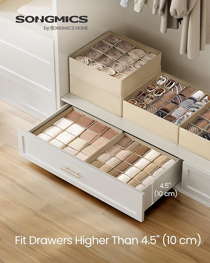 SONGMICS Set of 4 Drawer Organizers, Closet Organizers for Underwear, 80 Cells, Foldable Sock Holders, 11.8 x 11.8 x 3.9 Inches, for Storing Socks, Ties, Belts, Sand Beige URUS011K01