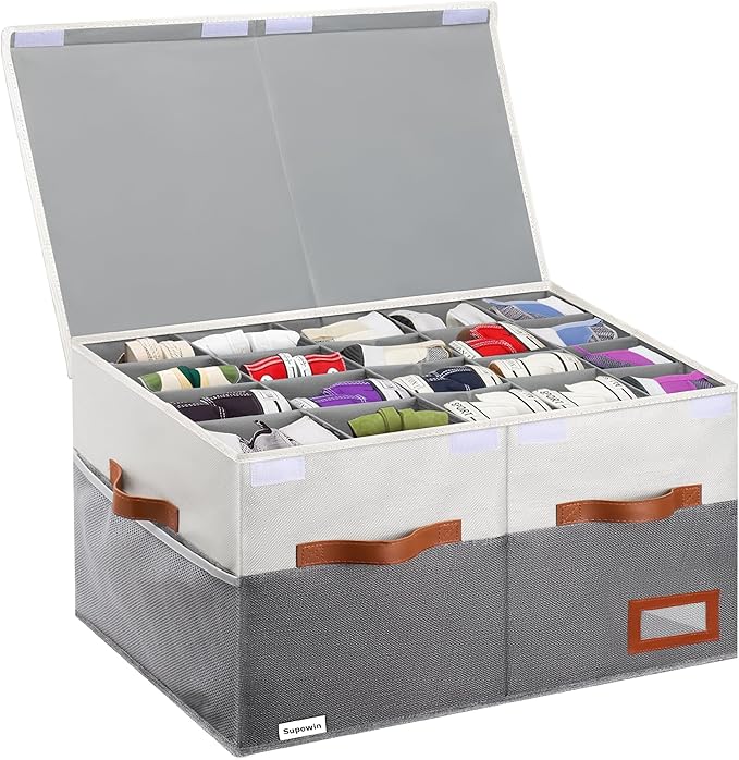 Supowin Shoe Organizer for Closet, Foldable Shoe Storage Bins with Lid & Adjustable Dividers, Fabric Shoe Box Storage Containers with Four Reinforced Handles, Fits 20 Pairs, 1 Pack, Grey
