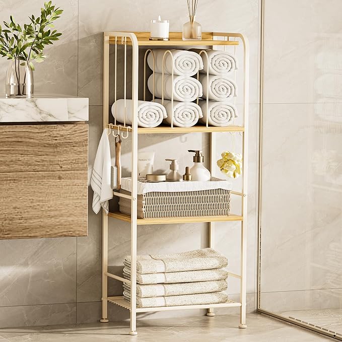 TETOTE Towel Rack 4-Tier M-Shaped Detachable Dividers Towel Storage Organizer with Hooks Modern Towel Stand Shelf for Bathroom, Pool, Kitchen, Living Room, White