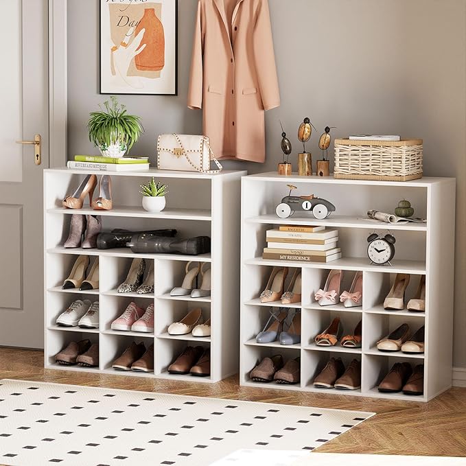 Garden 4 you Shoe Rack Organizer, 5-Tier Wood Cubby Shoe Rack with 2 Storage Shelf and 9 Cubbies, Shoe Organizer Cabinet for Entryway, Hallway, Closet and Garage, White