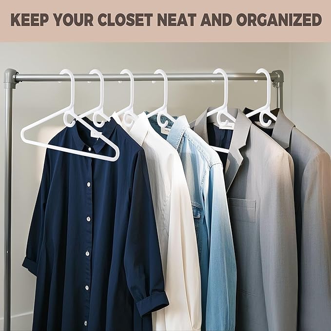Quality White Plastic Hangers 100 Pack - Super Heavy Duty Multipack for Clothes - Thick Strong Standard Closet Clothing Hangers with Hook for Scarves and Belts-17 for Coats (White, 100)