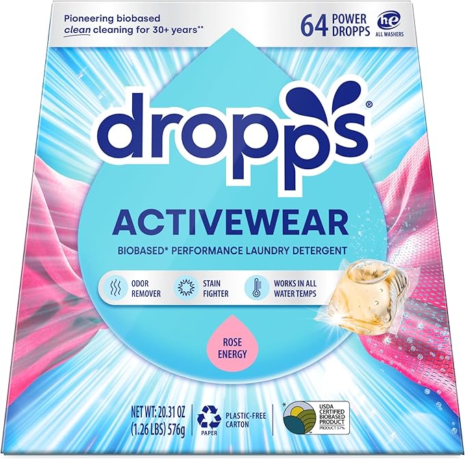 Dropps Activewear Laundry Detergent Pods, Rose Energy (64 Count) - Powerful Laundry Pods | Fights Sweat & Body Odors | For Synthetic Workout Clothes | Clean Ingredients | Plastic Free Packaging