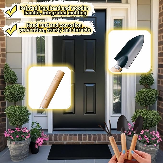 3-Piece Mini Garden Tool Set, Indoor Plant Care Kit with Wood Handle, Black Iron Tools for Potting, Transplanting and Cultivating, Compact Succulent and Houseplant Tools,Small Shovel, Trowel, Rake