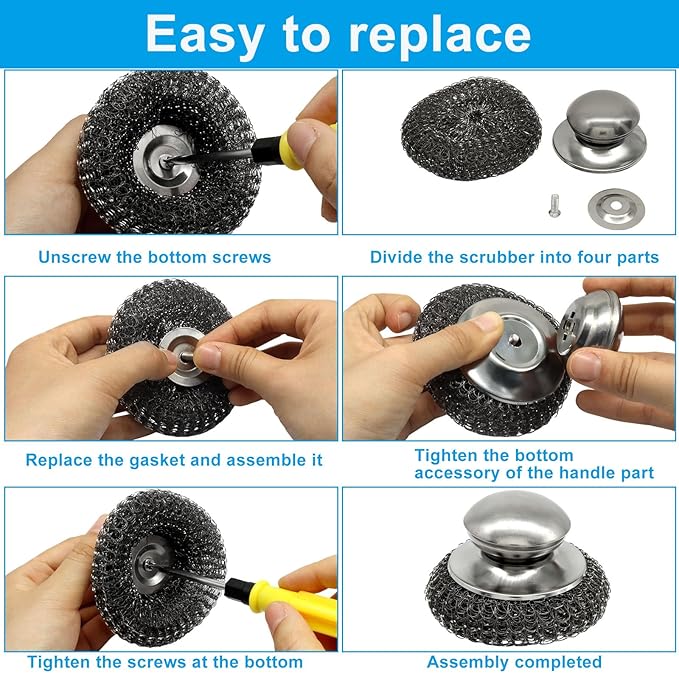 Steel Wool Scrubber with Replacement Wire Pads Set - 1 Heavy Duty Scrubber + 5 Stainless Steel Pads for Effortless Cleaning of Cast Iron, Grill Grates, Rust-Resistant Handle Design