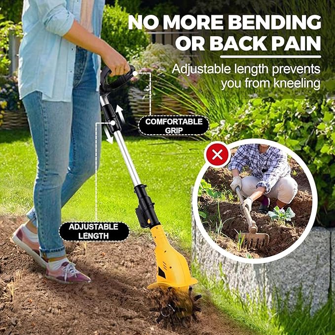 20 V Cordless Tiller Cultivator, 250 RPM Electric Rototiller for Gardening, 6.7" Deep x 4" Wide Cultivation, Battery Included (Classic Yellow)