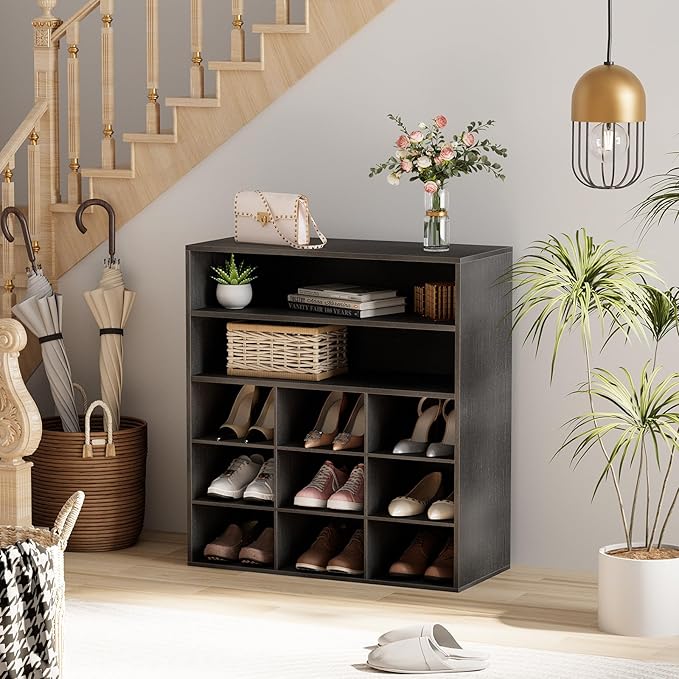 Garden 4 you Shoe Rack Organizer, 5-Tier Wood Cubby Shoe Rack with 2 Storage Shelf and 9 Cubbies, Shoe Organizer Cabinet for Entryway, Hallway, Closet and Garage,Black